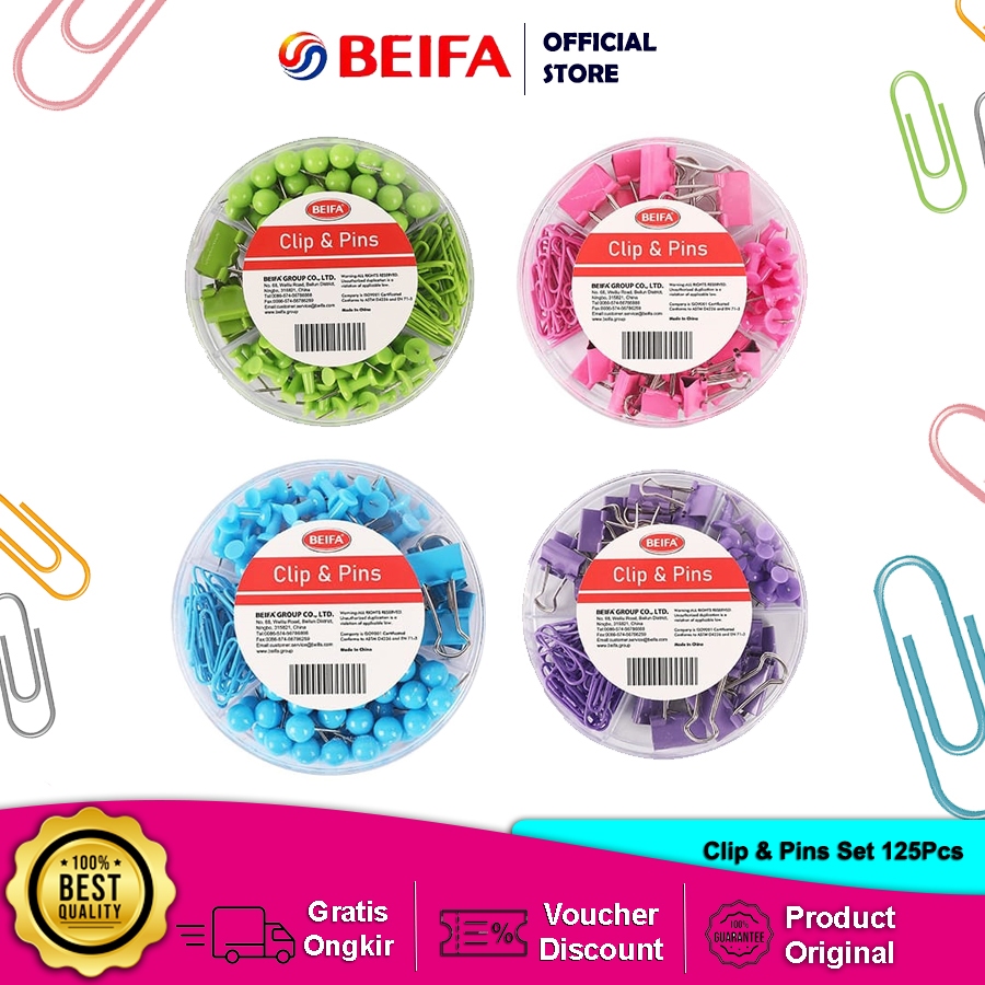 

Beifa Paperclip Binder Clip Push Pin Set / Kombinasi Penjepit Kertas Lucu 125 PCS Per Tube FH101