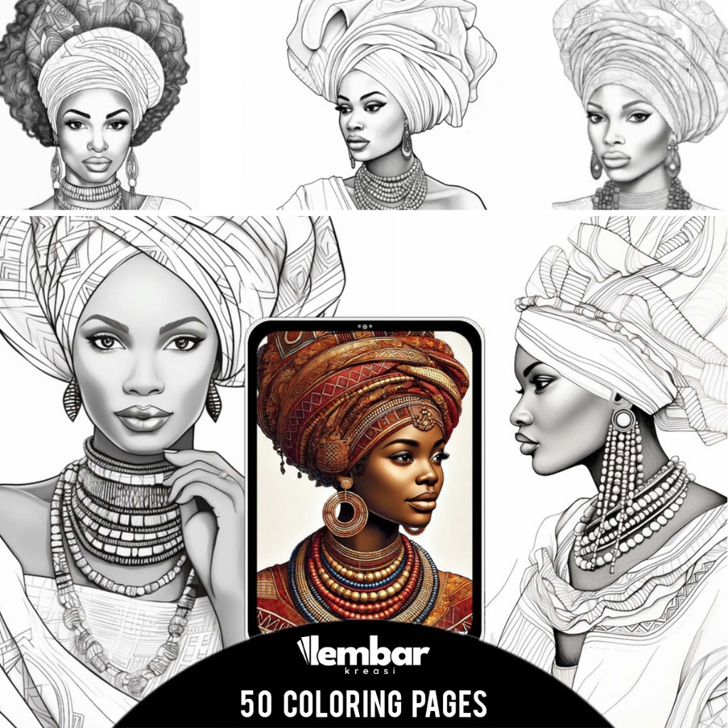 

50 Pages Buku Mewarnai Dewasa - Printable Adult Coloring Book - Digital Download - African Female