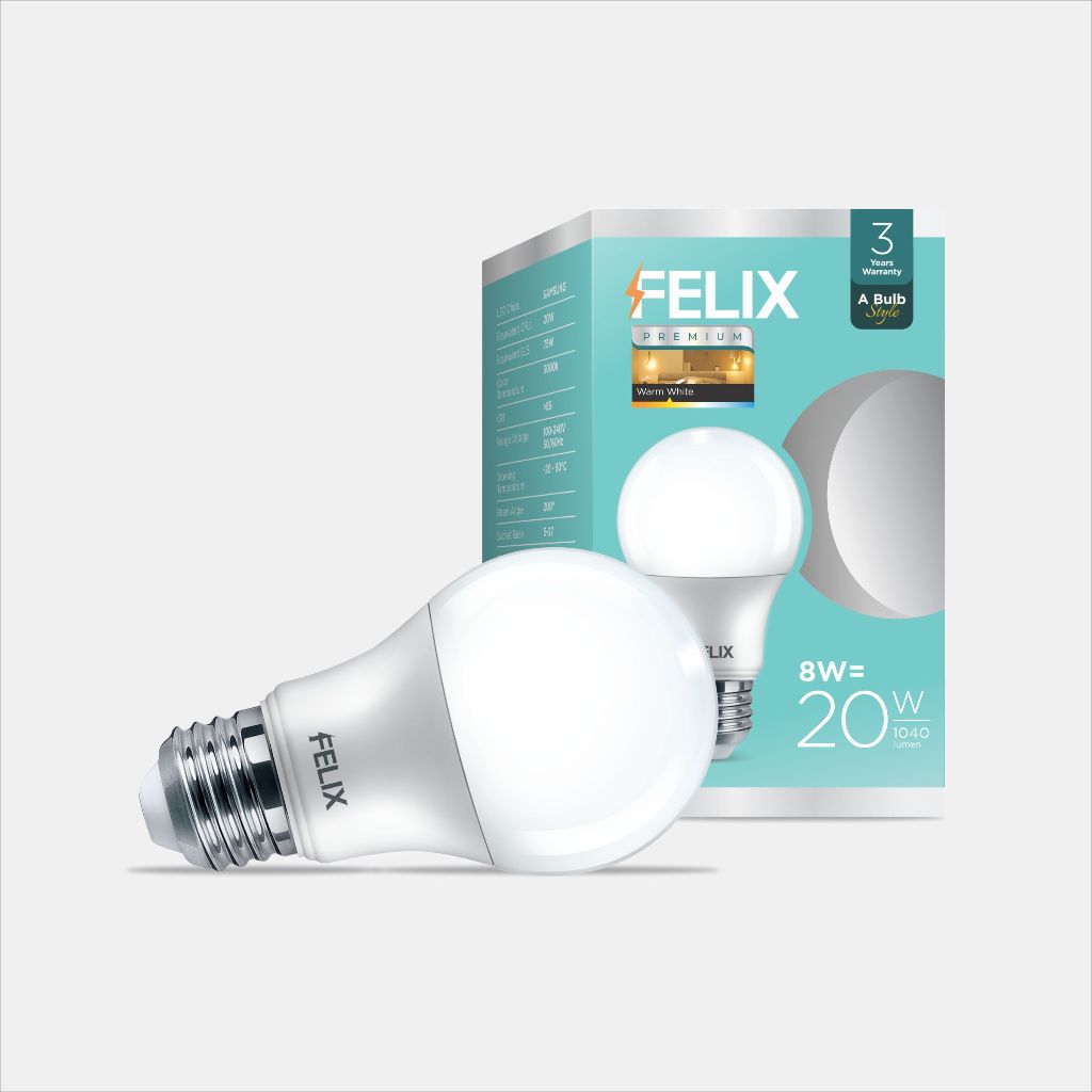 FELIX PREMIUM Lampu Bohlam LED 8 Watt A Bulb Style Kuning Warm White 3000K