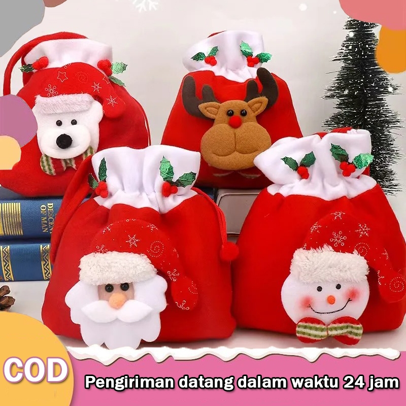 

Tas Serut Natal Christmas Bag Tas Kado Hampers Natal Rudolph Snowman Bear 22x18cm