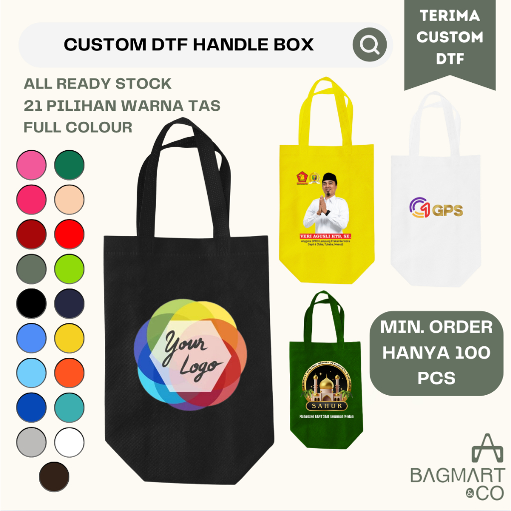 

Custom DTF Tas Handle Box Full Colour Print Goodie Bag Tas Belanja Spunbond 75 Gsm Kemasan Premium