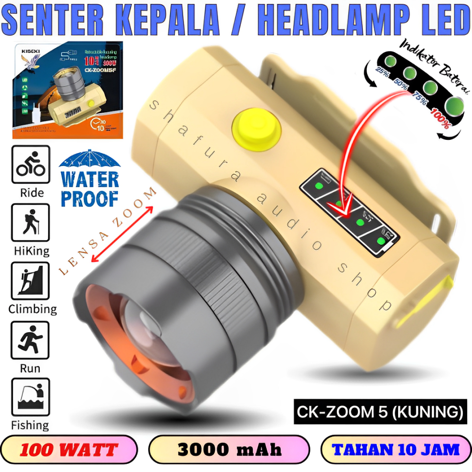 Headlamp / Senter Kepala Zoom 100w Kiseki Ck-Zoom5f Super Terang Murah Bisa Cod | Senter Kepala Zoom