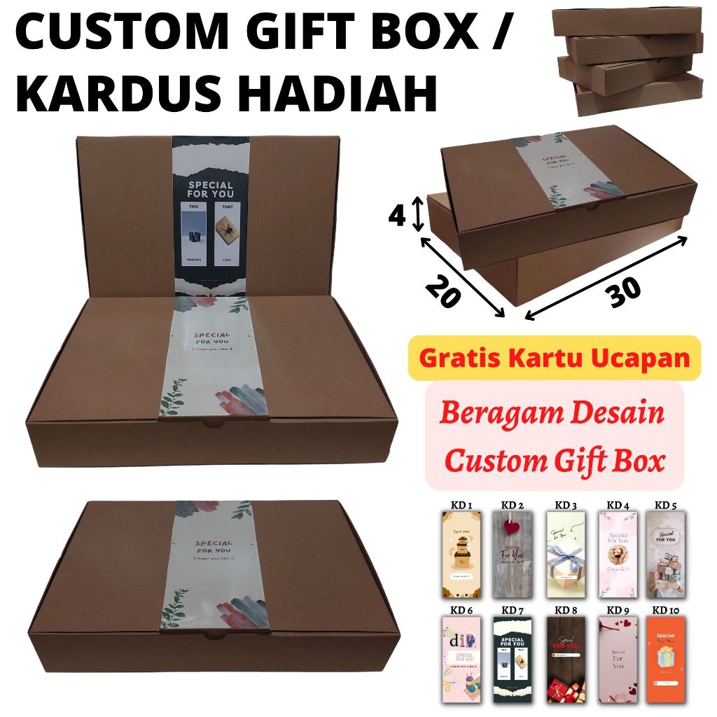 

Custom Kardus Box Hadiah Gift Box 30x20x4 cm Gratis Custom Kartu Ucapan