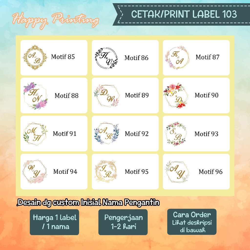 

label nama undangan dengan inisial nama ukuran 103 Print Cetak Label Nama Undangan Motif Murah