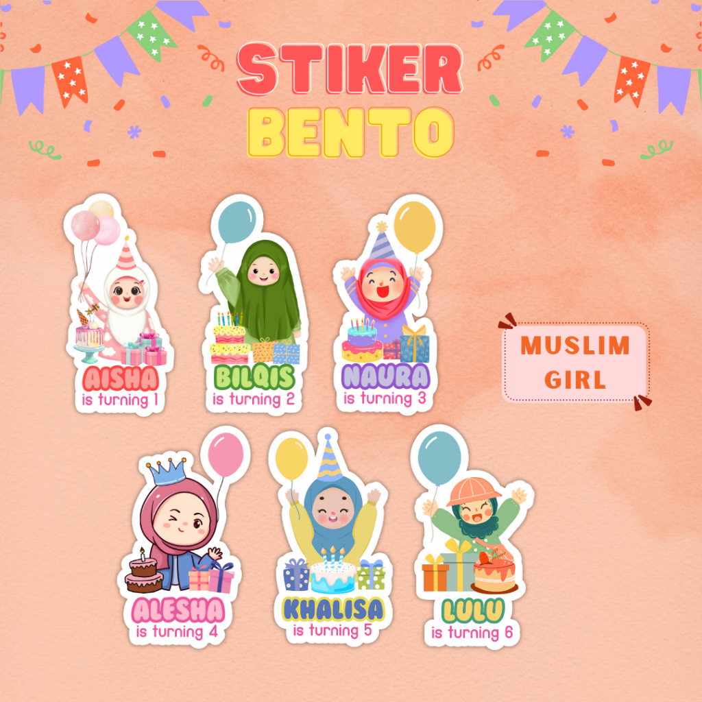 

(Muslim Girl) Cetak Sticker Bento Custom Sticker Bento Birthday Anak I Label Sticker Bento Birthday Custom Tema