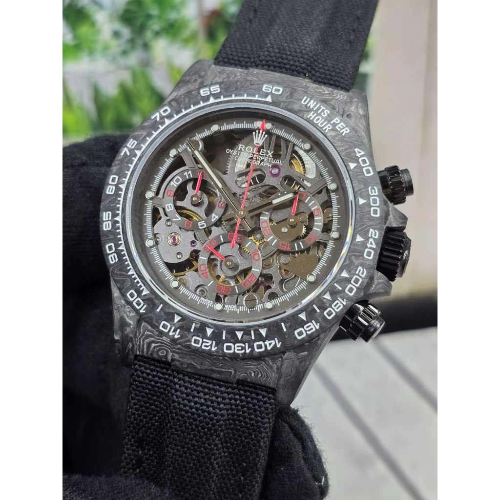 Jam Rolex Daytona DiW Swiss Skeleton Carbon Steel Strap Tali Canvas Kulit On Chrono
