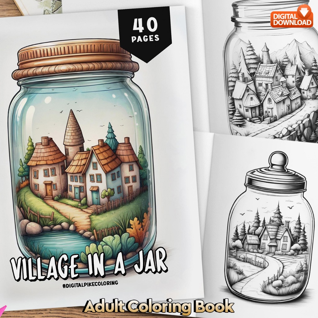 

40 Pages Buku Mewarnai Dewasa - Digital Download - Printable Adult Coloring Book - Village in a Jar