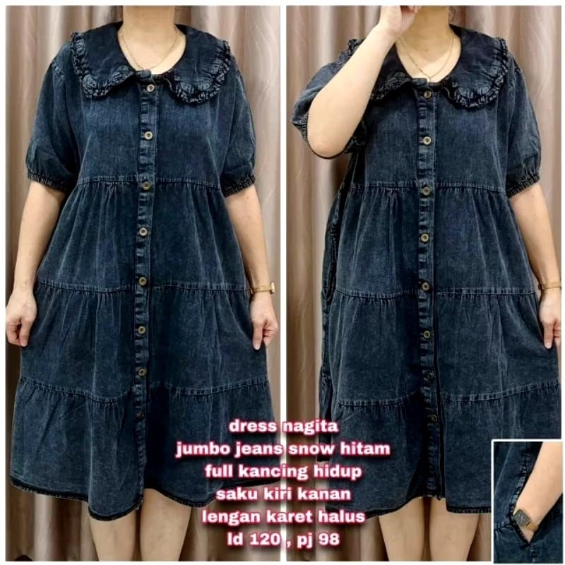 Dress tunik jeans denim model Flare jumbo 3L-5L berbagai model