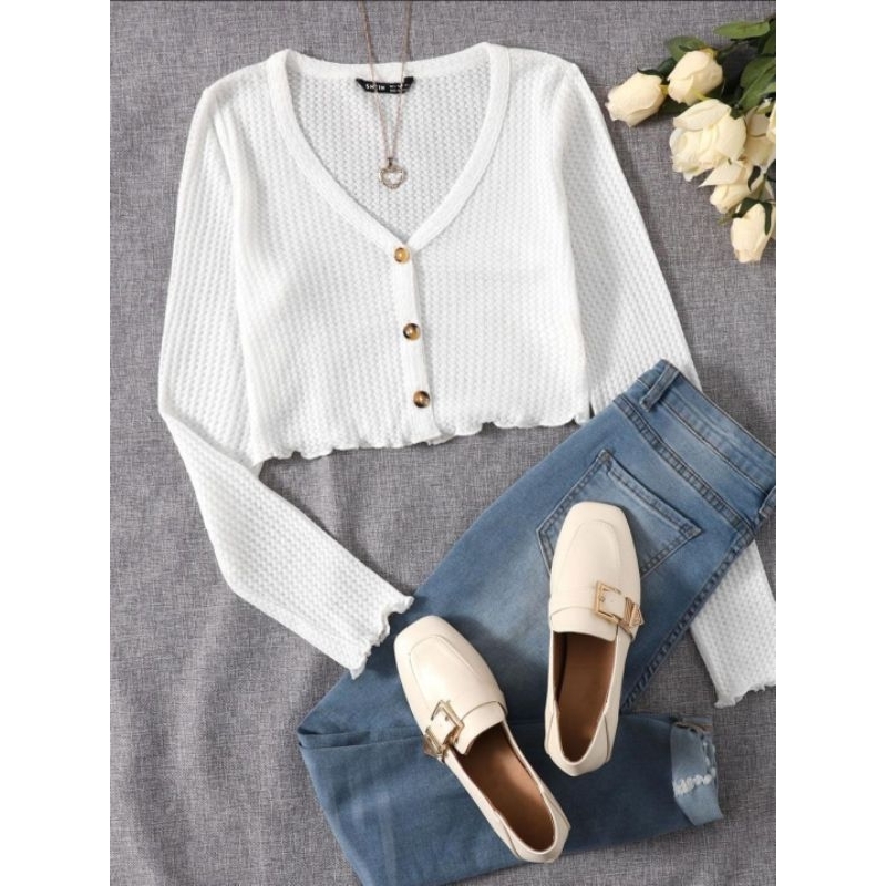 Cardigan V-neck Rajut Crop Top Korean Style / Atasan Wanita Kardigan Lengan Panjang Kerah V Gaya Kor