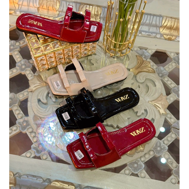 Sandal Selop Zara Flat Pita Datar Glossy Sandal Wanita Terbaru Kode SMU12