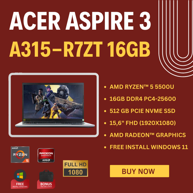 Laptop Gaming Baru - Acer Aspire 3 A315-44-R7ZT - RAM 16GB DDR 4 - SSD 512GB - AMD Ryzen 5 5500U (SE