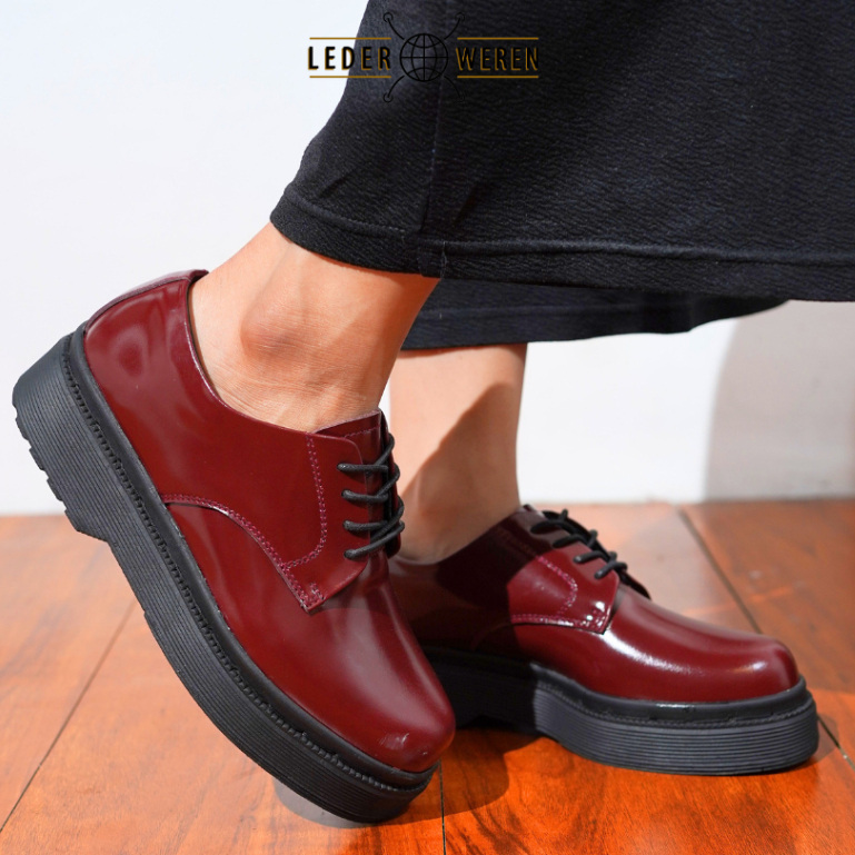 Lederweren - Leder Derby 2 Woman Sepatu Wanita Maroon - Sepatu Kulit Tali Wanita