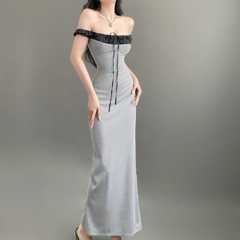 【AMY J】Off Shoulder Maxi Dress Bodycon Bowknot 3307 (S/M/L)