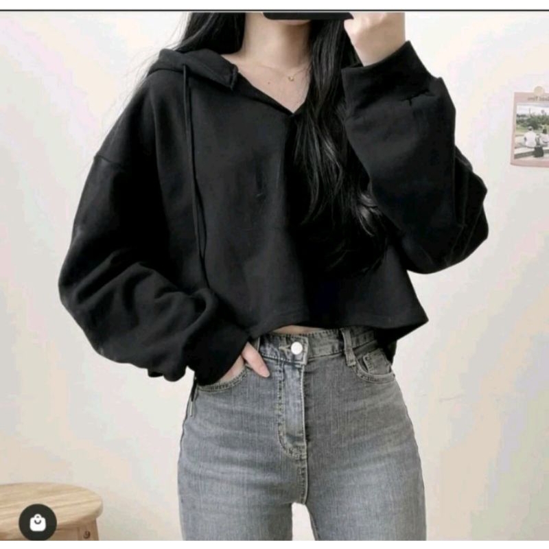 SWEATER HOODIE CROP POLOS WANITA