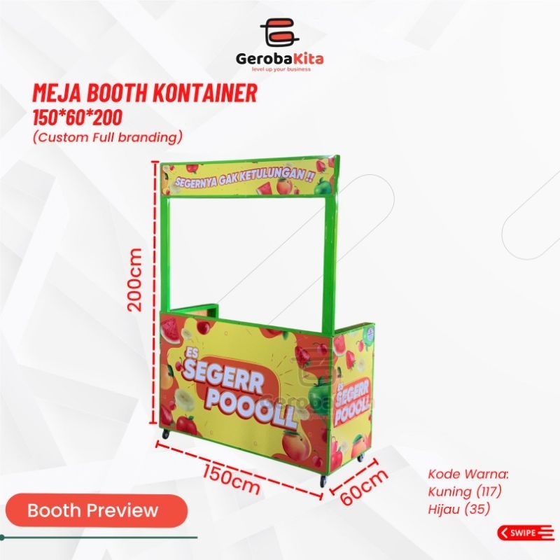 meja booth full branding ukuran 150x60x200
