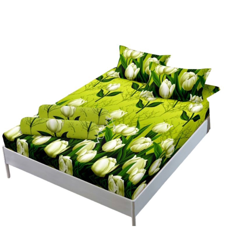 Sprei Karet Fullset Sarung Bantal Guling Motif Bunga Tulip Hijau Estetik (180×200×20) NO.1 / (160×20
