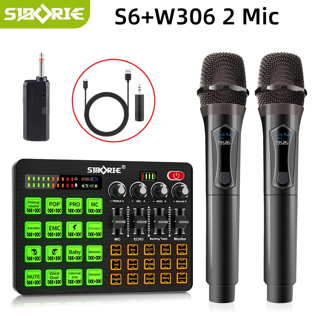 Siborie【COD】S6 Sound Card + W306 Profesional Two Mic Wireless Microphone Karoke Mic SET 100% Origina