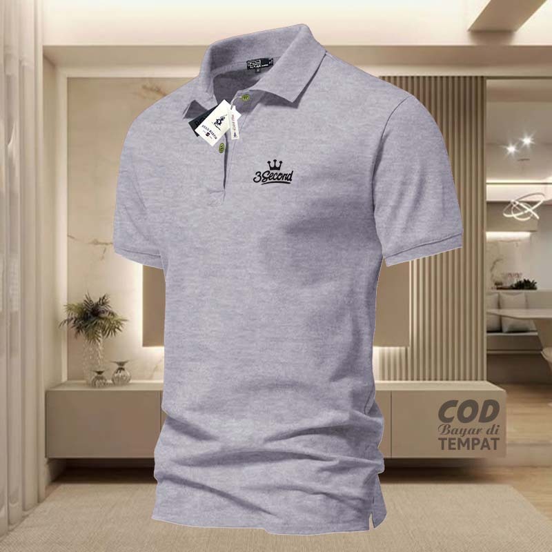 COD T-shrit POLO kerah 3Second Kiri Logo Mahkota Hitam Kaos Kerah Dewasa Shirt / Kaos Wangki Pria Po