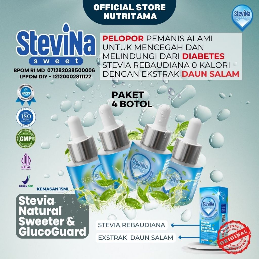 

Stevina Sweet Pemanis Alami 0 Kalori plus Herbal Daun salam Pengganti Gula Untuk Kesehatan Jantung 4 Botol 15 ml