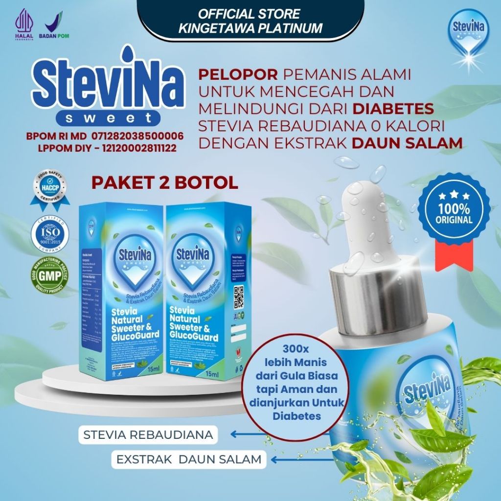 

Stevina Sweet Pemanis Alami 0 Kalori plus Herbal Daun salam Pengganti Gula membantu kadar gula tetap stabil Kemasan 2 botol 15ml/botol