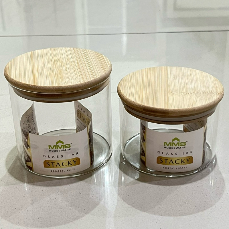 Toples Kaca Kedap Udara Tutup Bamboo Kayu Minimalis 450ml 600ml Glass Jar Stacky MMS