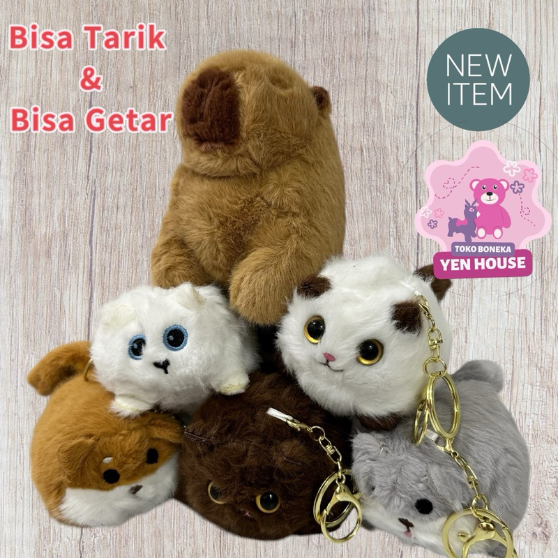 Gantungan Kunci Boneka Cat Kucing dan Capybara Ekor Bisa Tarik dan Getar Keychain Import Soft Plush