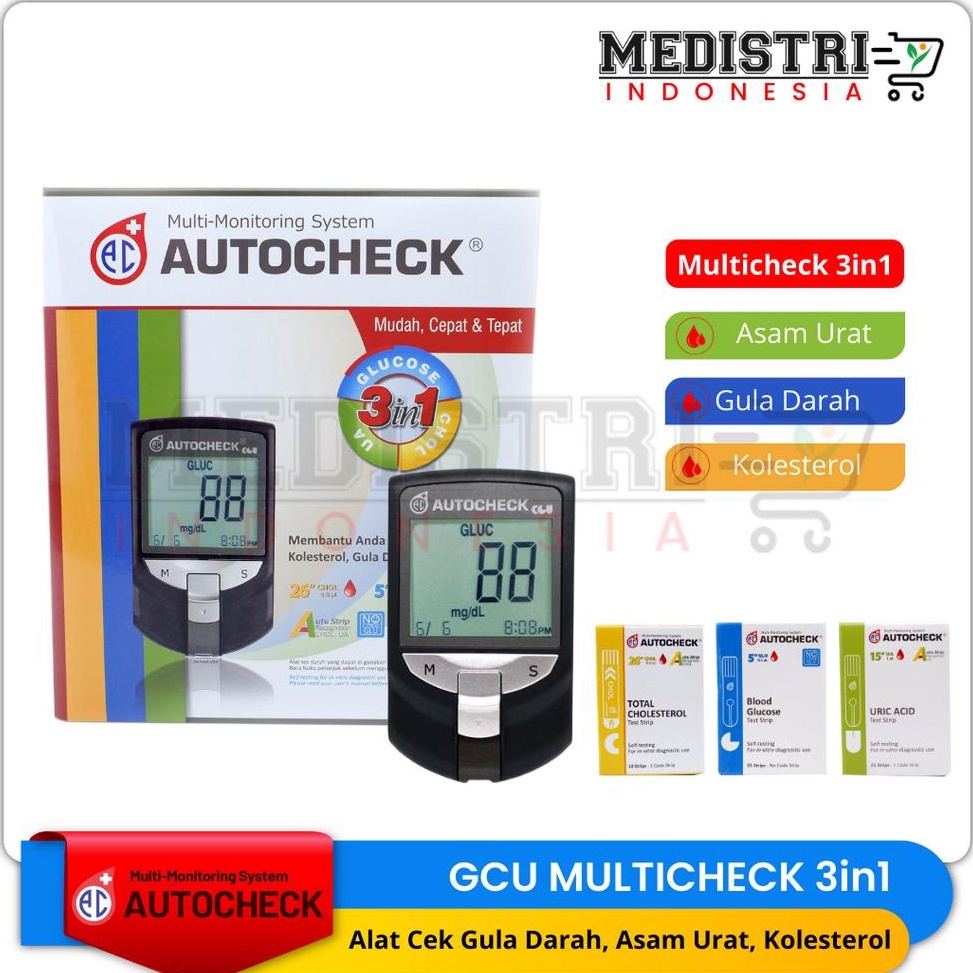 Serba Murah Autocheck GCU 3 in 1 Alat Cek Darah Lengkap Gula Darah Diabetes Asam Urat Kolesterol Aut