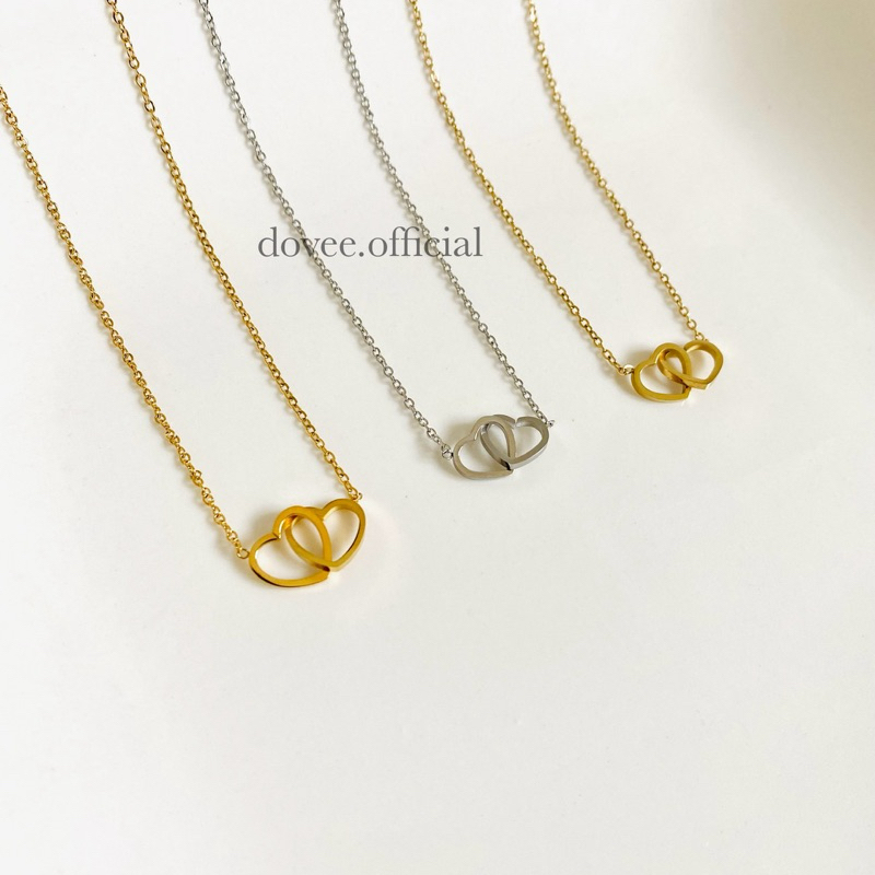 TITANIUM Heart Necklace | kalung love hati double gold silver cantik elegan - stainless steel lapis 