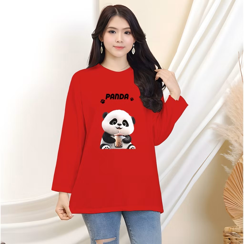 KAOS WANITA OVERSIZE LENGAN PANJANG/KAOS MOTIF LUCU PANDA/KAOS STREETWEAR WANITA/KAOS KOREA VIRAL