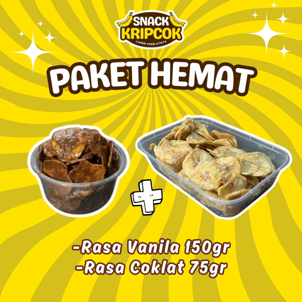 

Paket Hemat Keripik Pisang Rasa Vanila 150g dan Rasa Coklat 75gr - Cemilan Viral 2 Varian Rasa