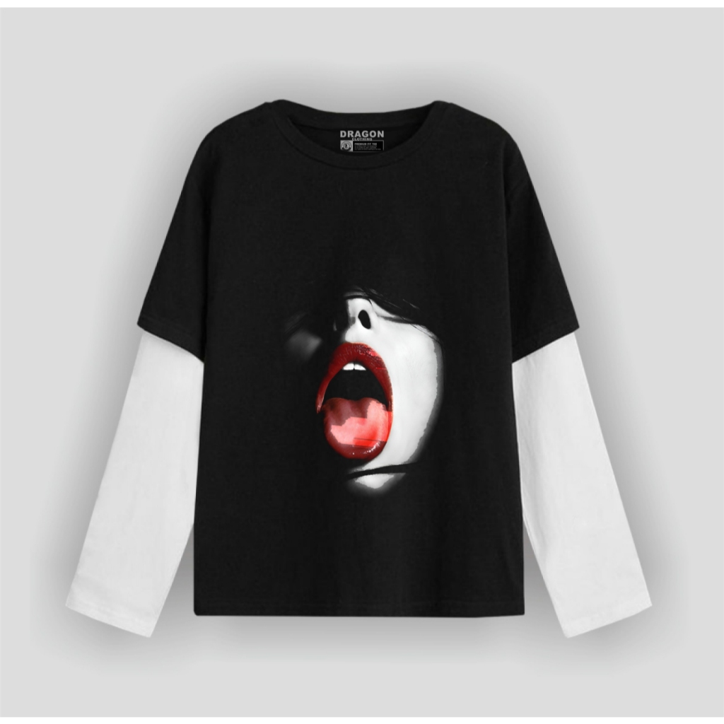 Dragon Clothing Kaos double layer pria tongue T-shirt Lengan Panjang Unisex
