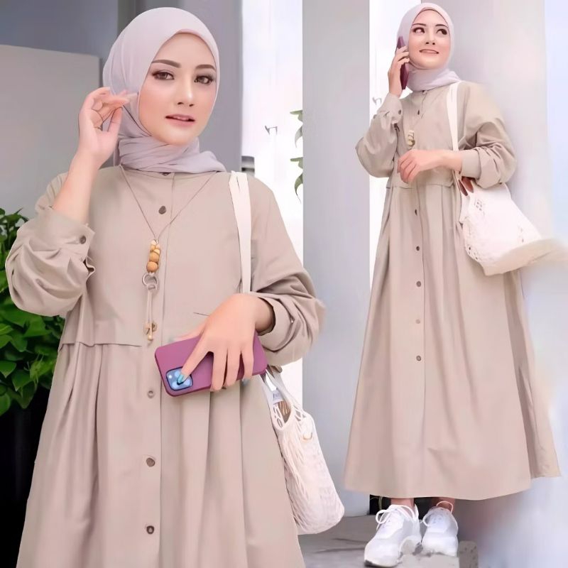 Midi Dress Zasqia Gamis Wanita Linen Busui Friendly Kancing Depan