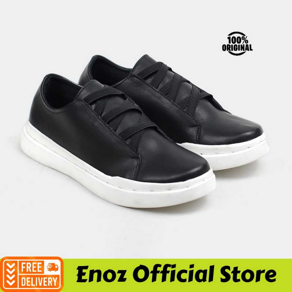 Sepatu Casual Hitam Pria Slip On Slop Flat Loafers Formal Kulit PU Kerja Ori Enoz Merino