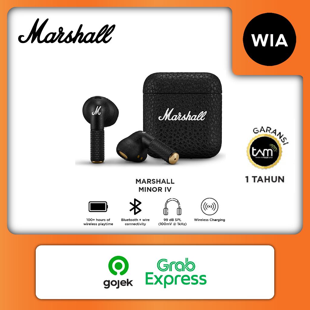 WIA Marshall Minor IV Black Earphone Bluetooth Original Garansi 1 Tahun