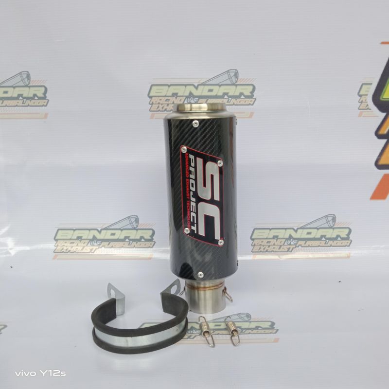 Knalpot Racing SC Project Hitam Carbon Inlet 50MM Bulat Berkualitas Tinggi dengan Sarangan Stainless