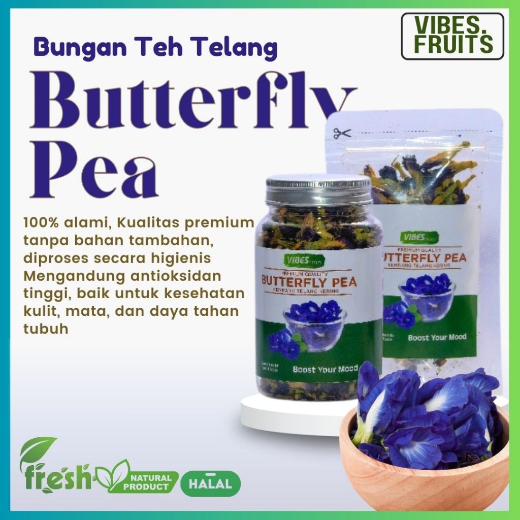 

Butterfly Pea Tea, Bunga Telang, Teh Bunga Telang, by Vibes Fruits / ukuran Pouch & Big