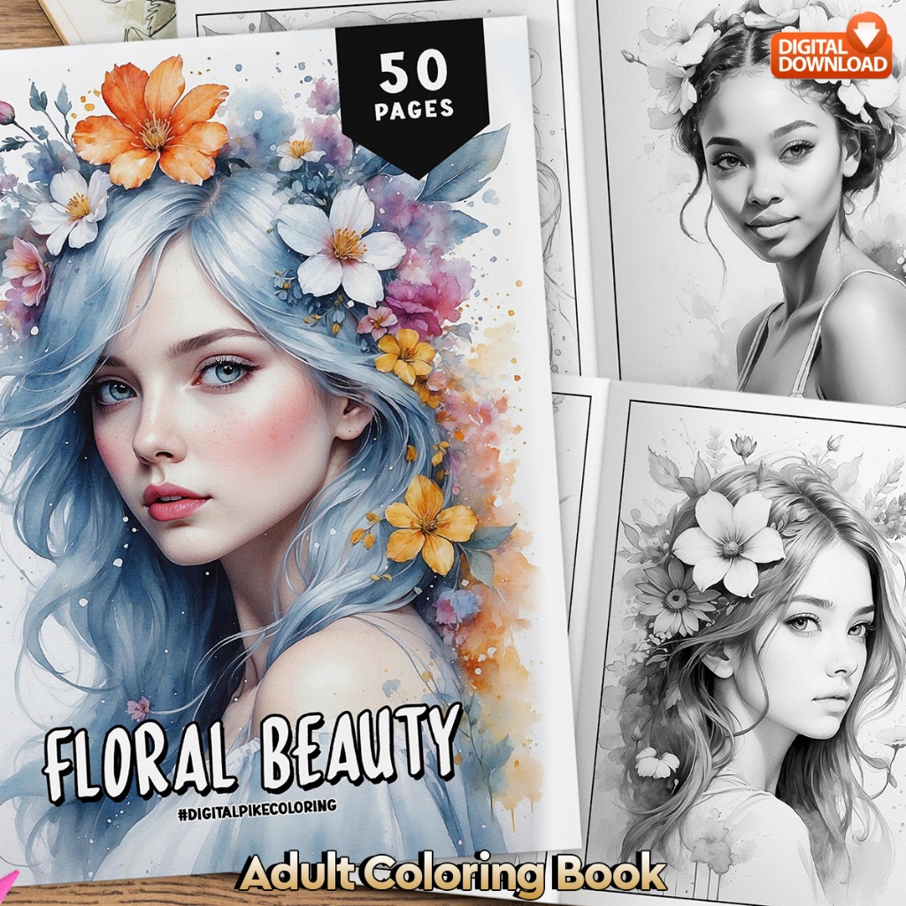 

50 Pages Buku Mewarnai Dewasa - Digital Download - Printable Adult Coloring Book - Beautiful Women