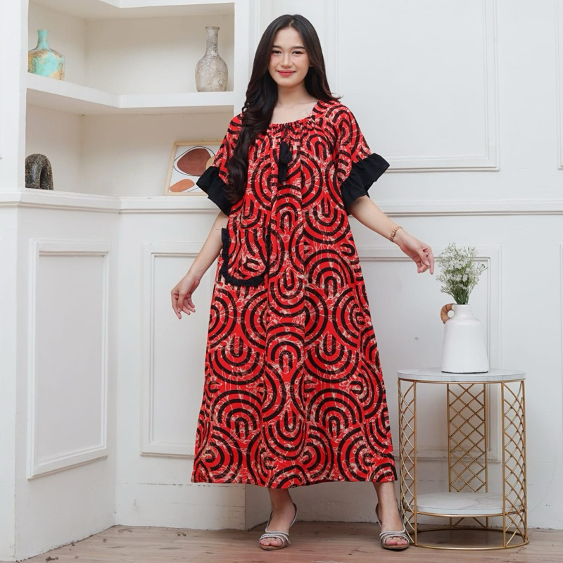 DASTER FUJI PAYUNG BAHAN RAYON PREMIUM UKURAN JUMBO LD 130 MUAT BB 100KG DRESS JUMBO ETNIK MERAH REM