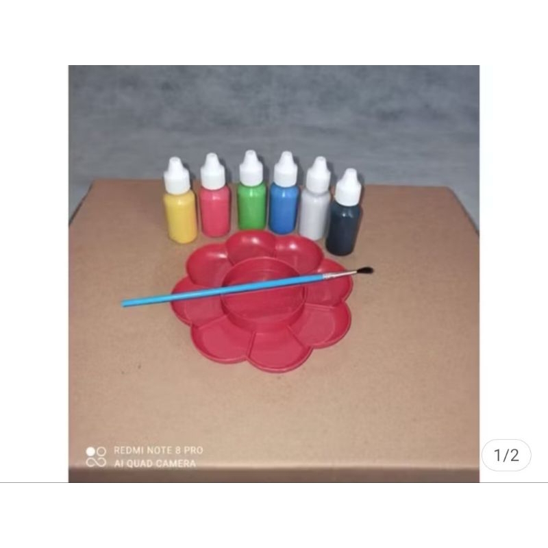 

cat lukis/cat air, 6 warna + kuas & palet kemasan botol tetes ukuran 20ml