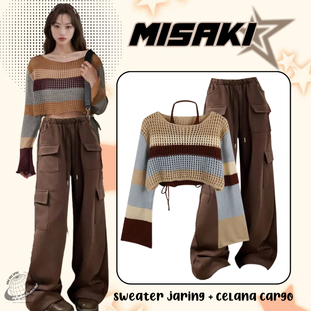 Y2k Outfit 2in1 Korean Style (Sweater Rajut Jaring + Cargo Pants )LI120