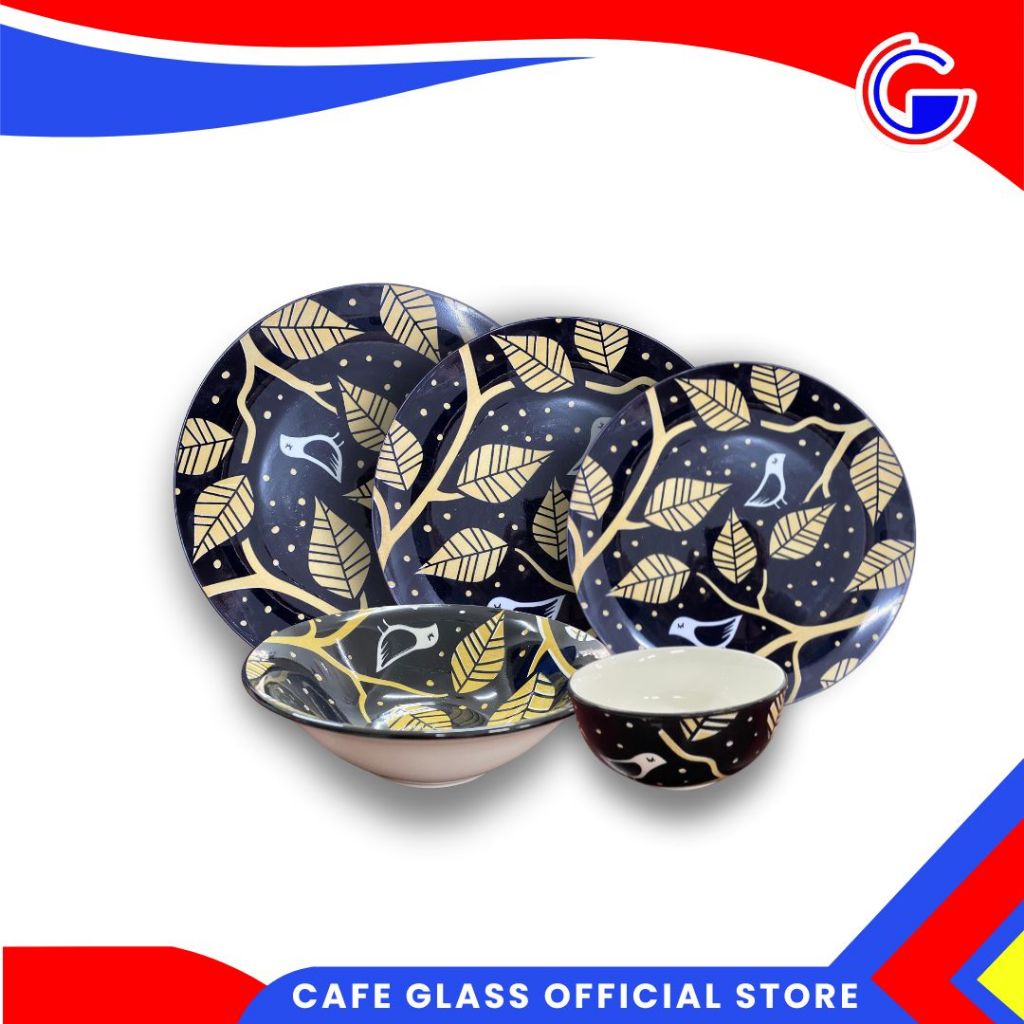 DINNER SET KERAMIK | PIRING KERAMIK SET | KERAMIK SET HAMPERS | MANGKOK KERAMIK BLACK LEAF UMIWARE