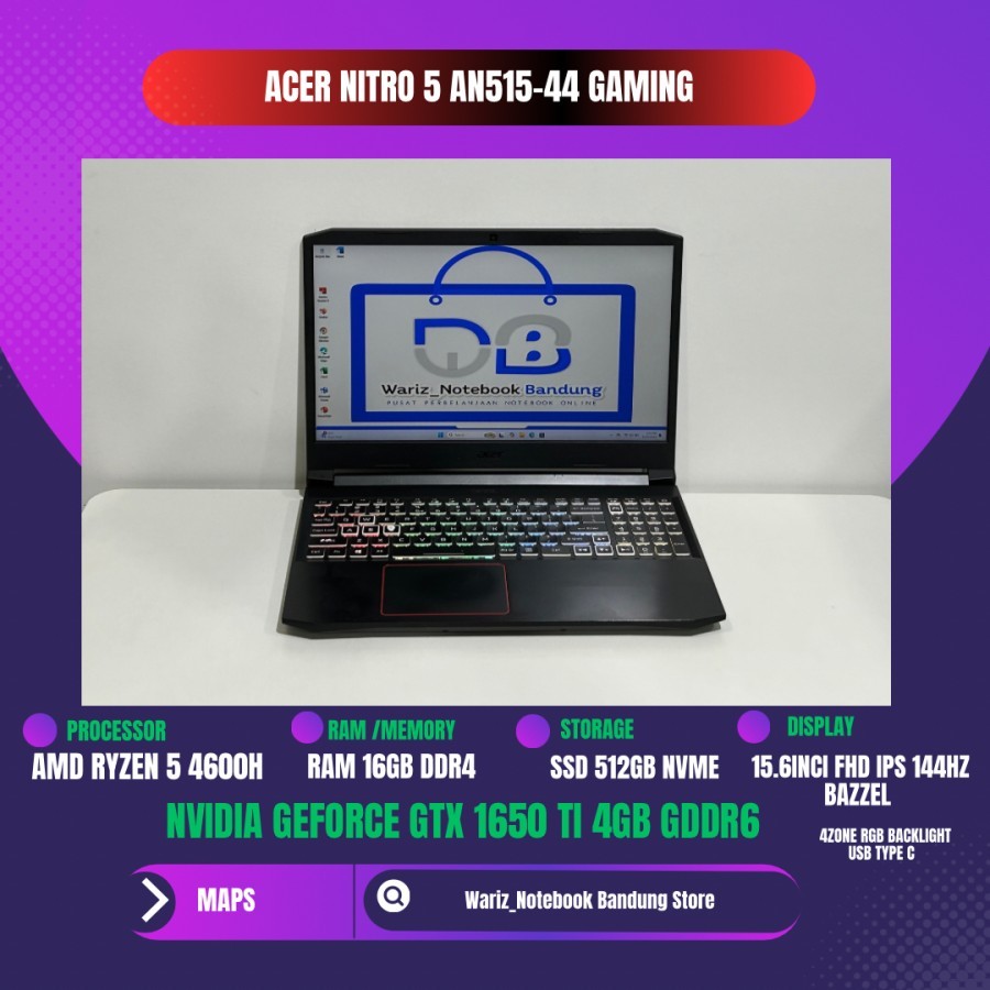 ACER NITRO 5 AN515-44 RYZEN 5 4600H NVIDIA GTX 1650 Ti RAM 16GB SSD 512GB 144Hz