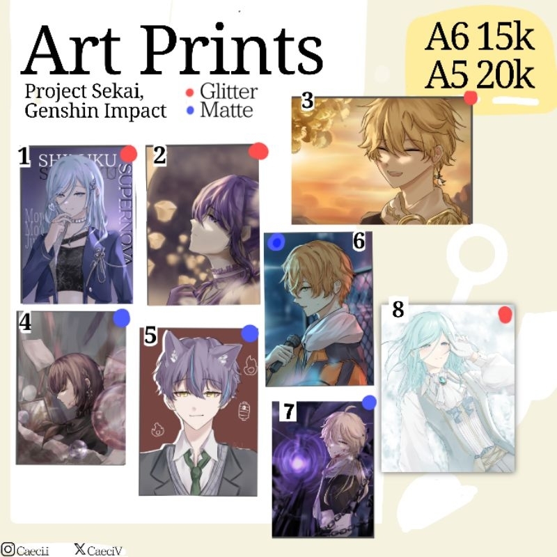 

[GENSHIN IMPACT AND PROJECT SEKAI FANMERCH, VARIOUS ART PRINTS] Art Prints by Caeci