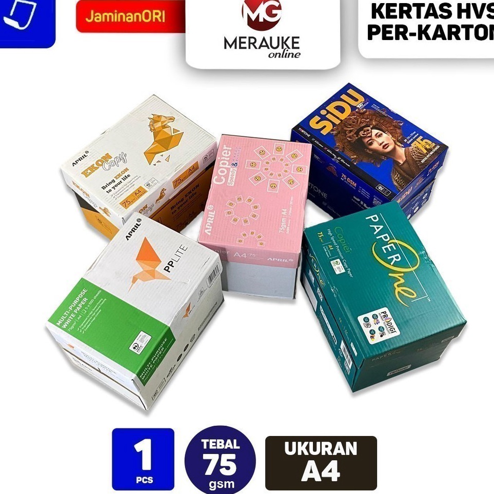 

KODE R32C Kertas HVS A4 75 gsm PERKARTON 1 KARTON isi 5 RIM