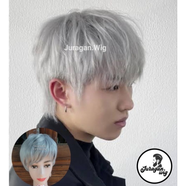 Promo Ekonomis Wig Korea Rambut Palsu Pria pendek model Korea warna grey abu abu
