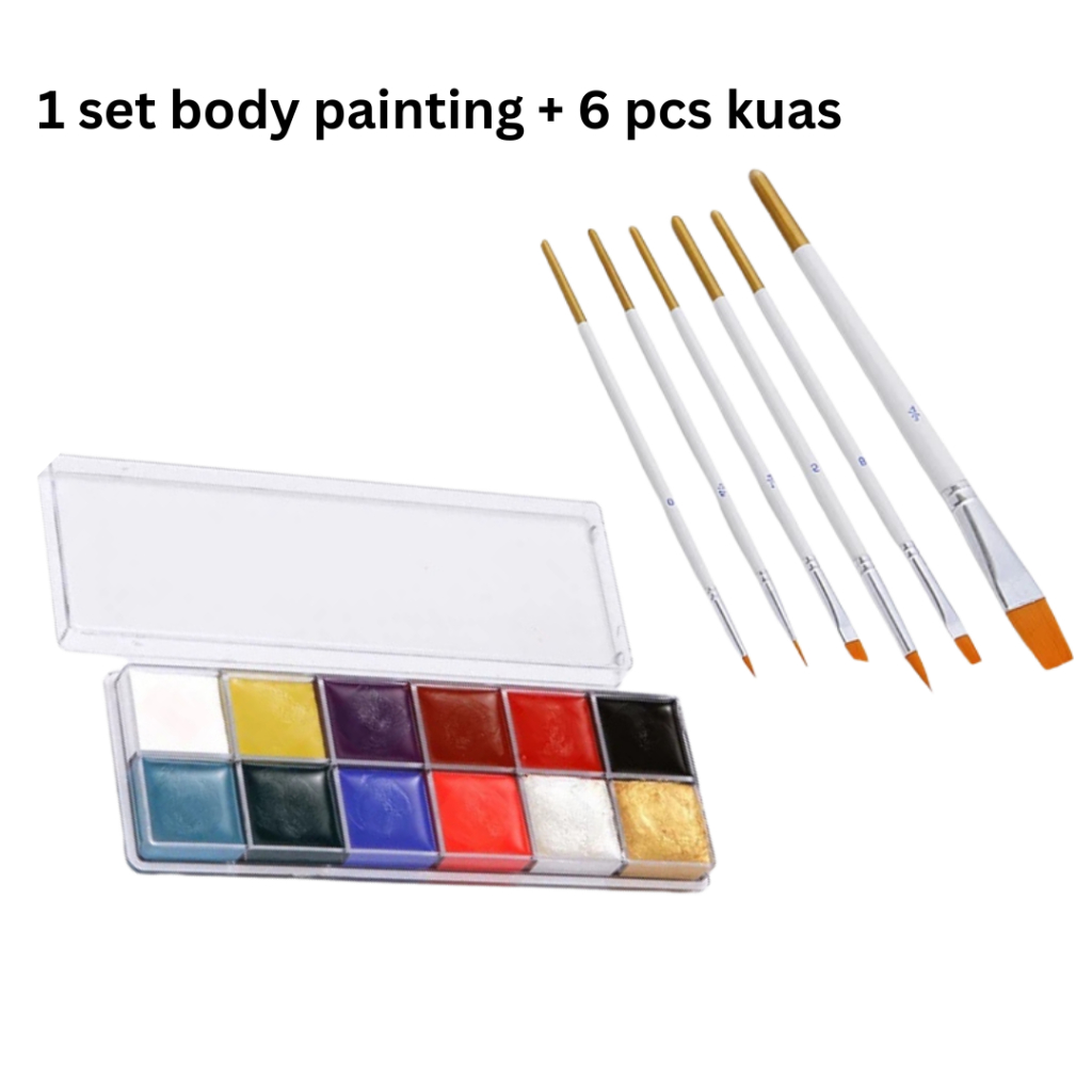 

✅ 1 Set palet 12 warna face body paint painting makeup lukis wajah + 6 pcs brush set