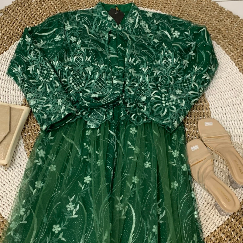 459-Dress Brokat Hijau Botol Wanita Kondangan Formal Panjang Pesta Gaun