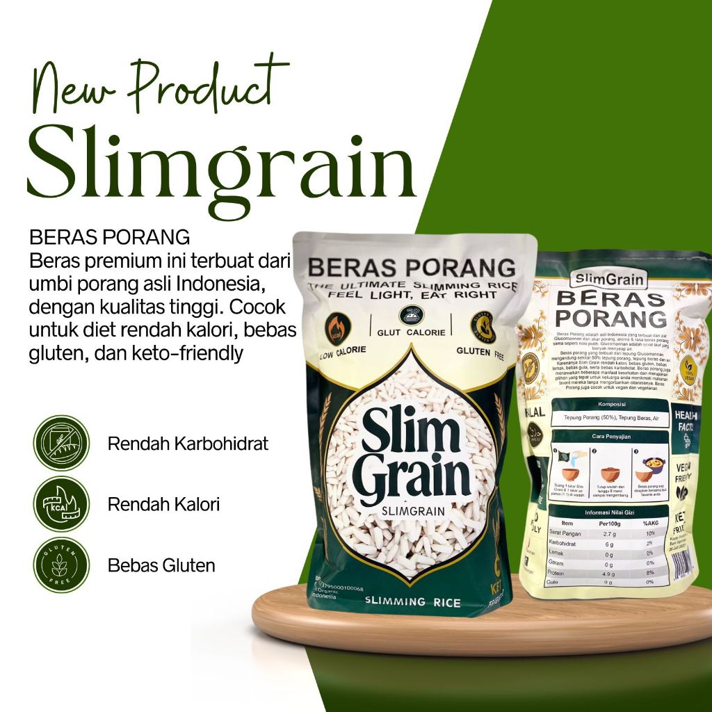 SLIM GRAIN Beras Porang 1 Kg /  Beras Porang Indonasi Konjac Beras Rendah Kalori, Bebas Gluten, & Ke