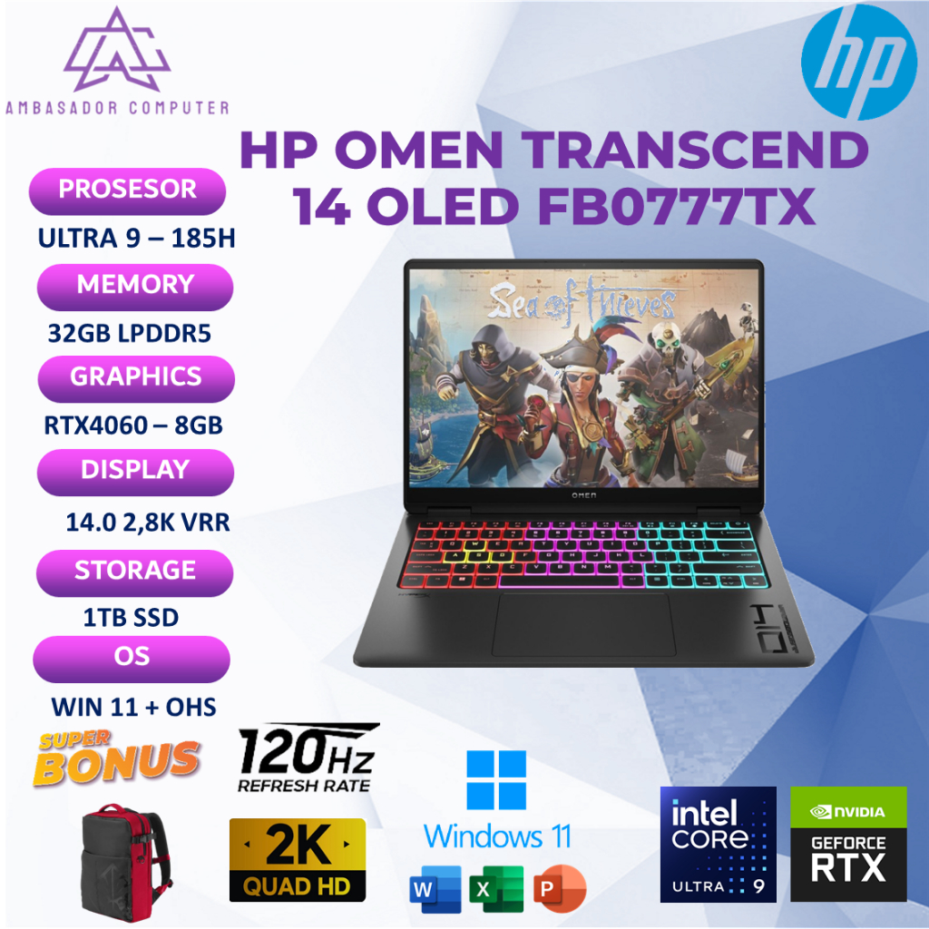 HP Omen Transcend 14 OLED FB0777TX/FB0666TX Ultra 9 185H RTX4060 8GB 32GB 1TB Windows11 OHS