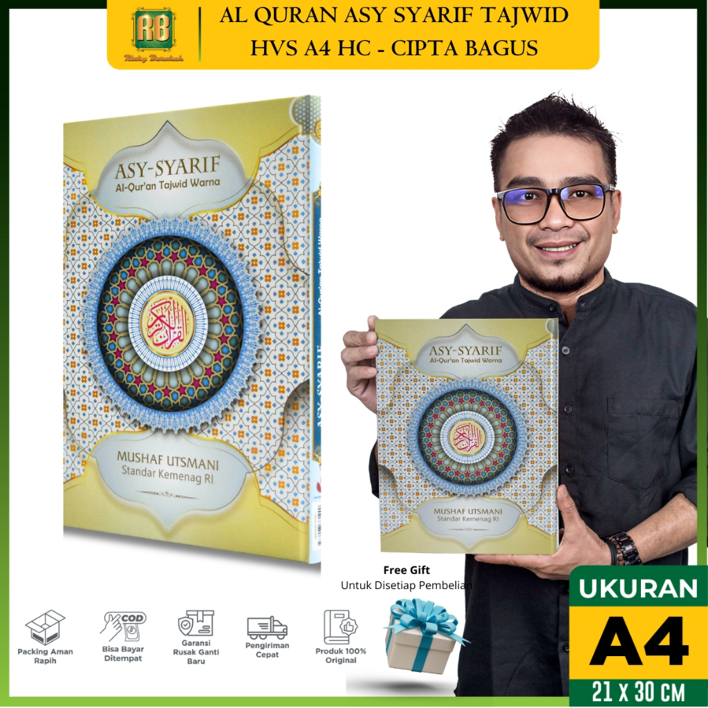 Mushaf Alquran Asy Syarif A4 Besar HC Tajwid Warna Al Quran Utsmani Non Terjemah Ayat Pojok 20 Baris
